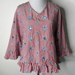 Sandro Women's Red White Striped Perforated Star Pattern Blouse Size Small